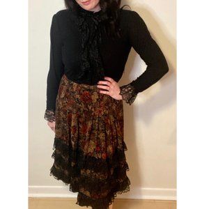 Vintage Black Dress w/ Floral Velvet Skirt & Lace Trim